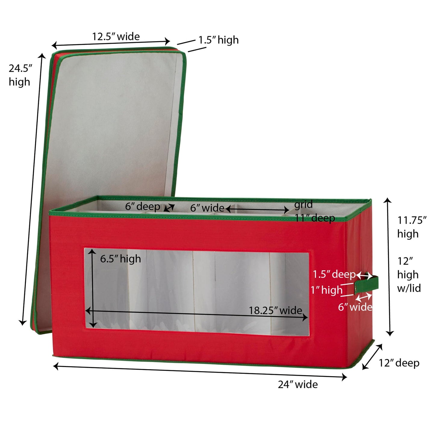 Household Essentials Holiday Figurine Storage Box, Windowed Storage with Lid, 8 Storage Compartments, Double Handles, Red with Green Trim