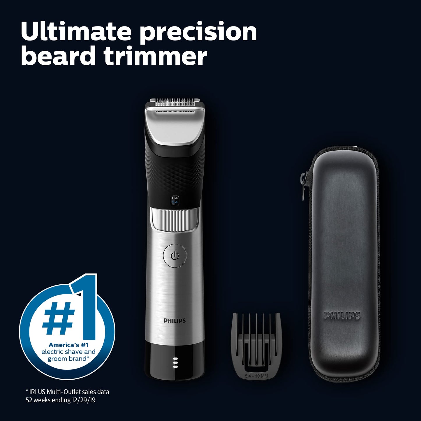Norelco Philips Beard Trimmer 7000 Series, 100% Waterproof Trimmer for Men, 40 Lock-in Hair Length Settings, BeardSense Power Adaptability, Detail & T-Blade Trimmer Heads, Charging Stand, BT7670/40