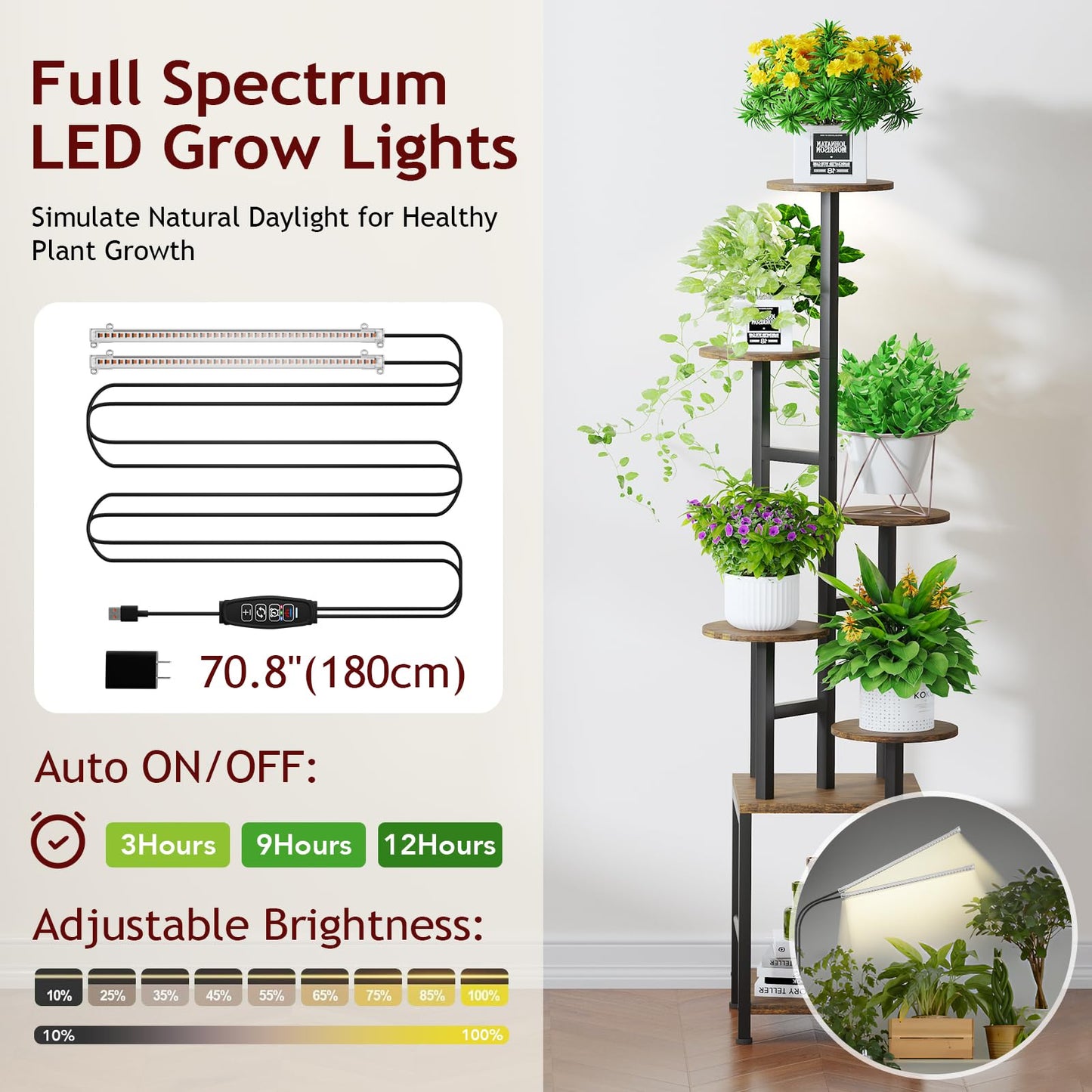 Homsorout Plant Stand Indoor with Grow Light,6-Tiered Tall Plant Stand Indoor, Metal Plant Shelf with Adjustable Light, Ideal for Living Room, Garden, Patio (Black Brown)
