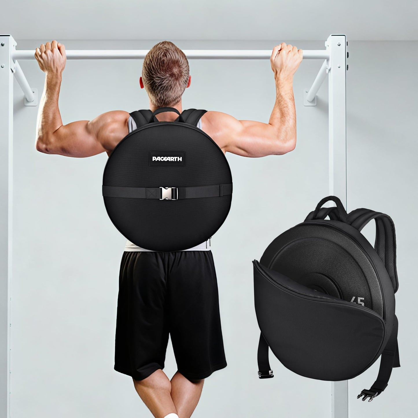 PACEARTH Weighted Strength Training Backpack – Adjustable Weight Plate Bag for Calisthenics, Pull-Ups, Squats & Core Workouts – Fits 17.7" Gym Plates – Metal Buckle Straps & Reinforced Stitching