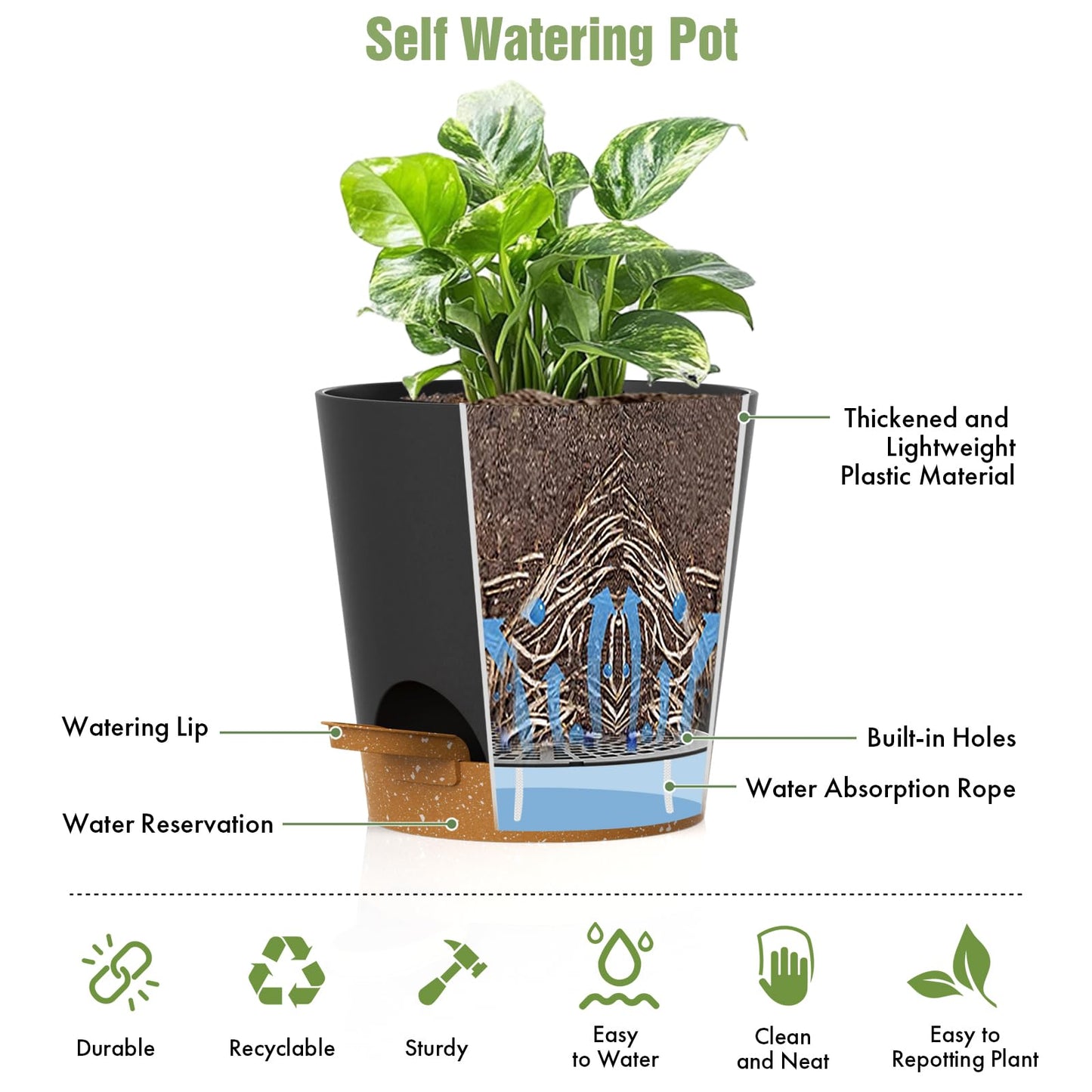 WSMKSZ 4 inch Self Watering Pots for Indoor Outdoor Plants, 6 Pack Plastic Flower Planters with Drainage Holes and Removable Saucers, Plant Pots with Wicking Rope, Modern Decor, Black Brown