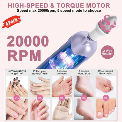 Professional Manicure Pedicure Kit, 9 in 1 Cordless Nail Drill with 100 pcs Nail Drill Bits Sanding Bands, Nail Grinder for Human, 5 Speeds, Nail Dremel Kit for Home and Salon Use