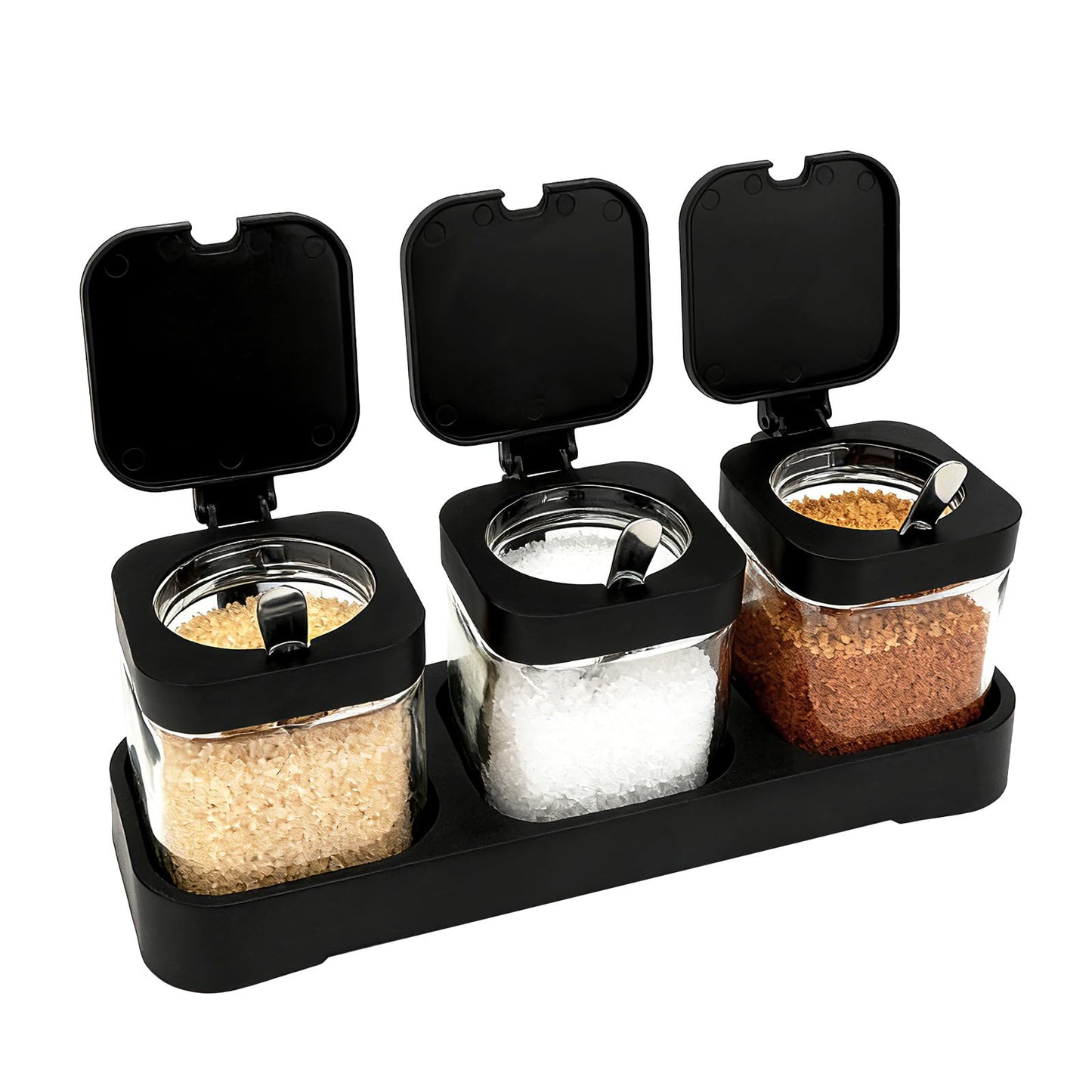 JBESUHI Set of 3 Black 8.6oz Clear Glass Condiment Jars with Lids & Spoons - Spice Canisters, Salt & Sugar Bowls for Kitchen Seasoning Storage