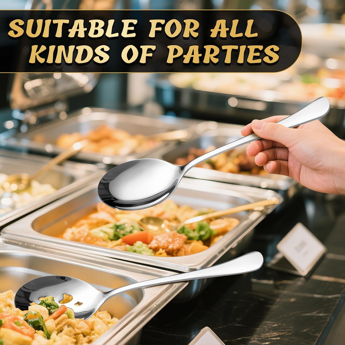 Keyoxy 4 Piece Stainless Steel Serving Spoon Set - 2 Large, 2 Slotted,Dishwasher Safe,10-Inch, for Parties/Kitchen/Buffet/Catering
