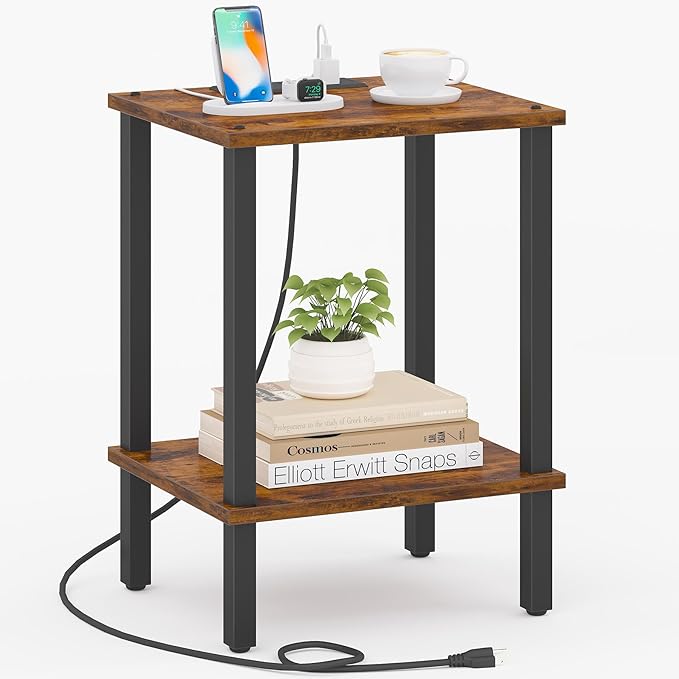 TUTOTAK End Table with Charging Station, Side Table with USB Ports and Outlets
