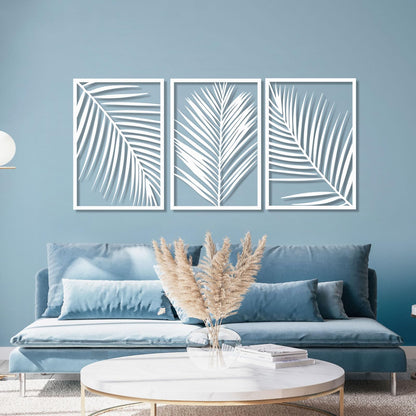 Gasijet Metal Palm Leaves Wall Decor, Metal Leaves Wall Decor, Palm Leaf Art, Line Art Nature Plant Wall Art, Set of 3, Wall Decorations for Living Room, Bedroom (White, 39 x 19 in / 96 x 47cm)
