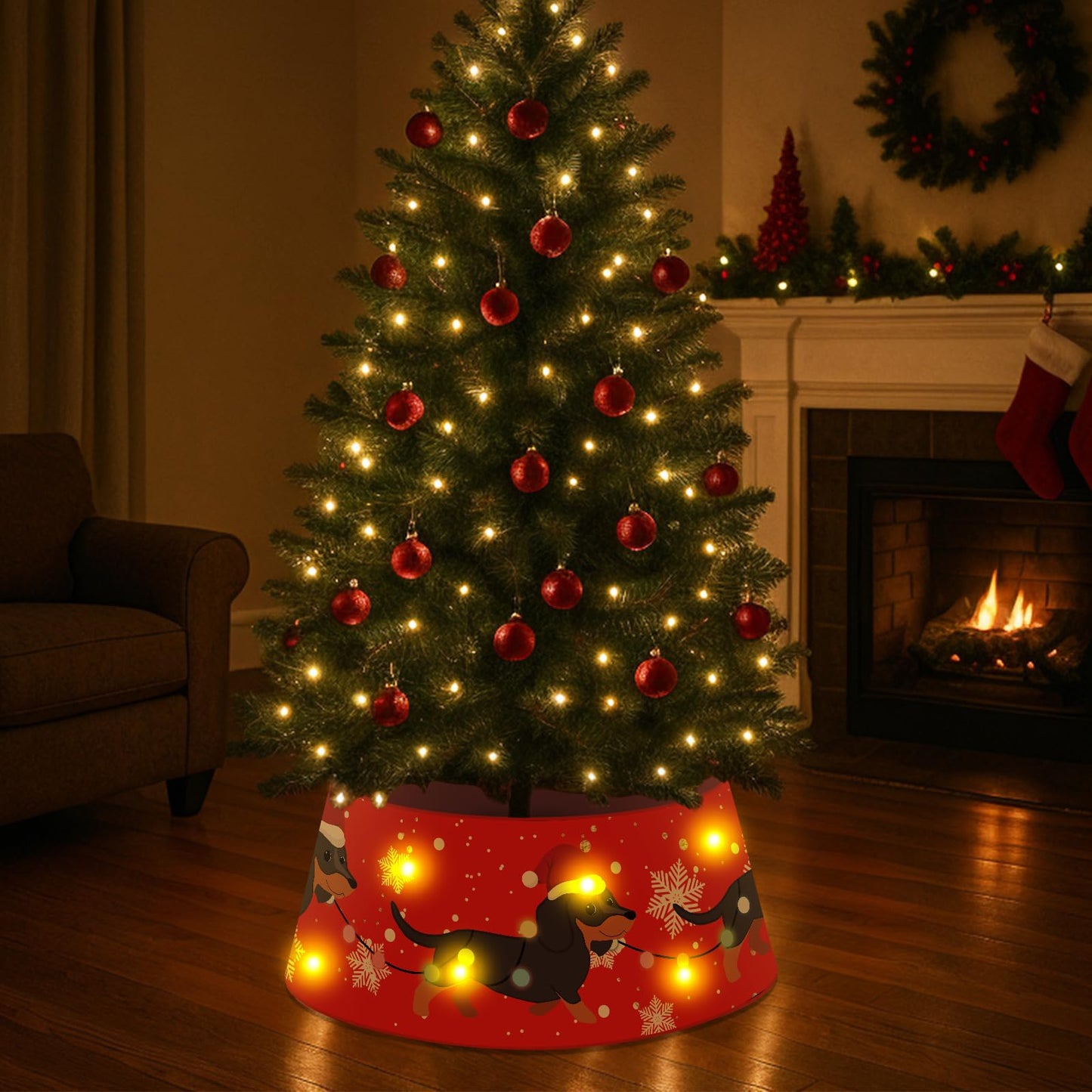 Dog Christmas Tree Collar Dachshund Christmas Decor Red Tree Skirt with LED Light Ring Base Cover for Christmas Trees Decoration Holiday Indoor Outdoor