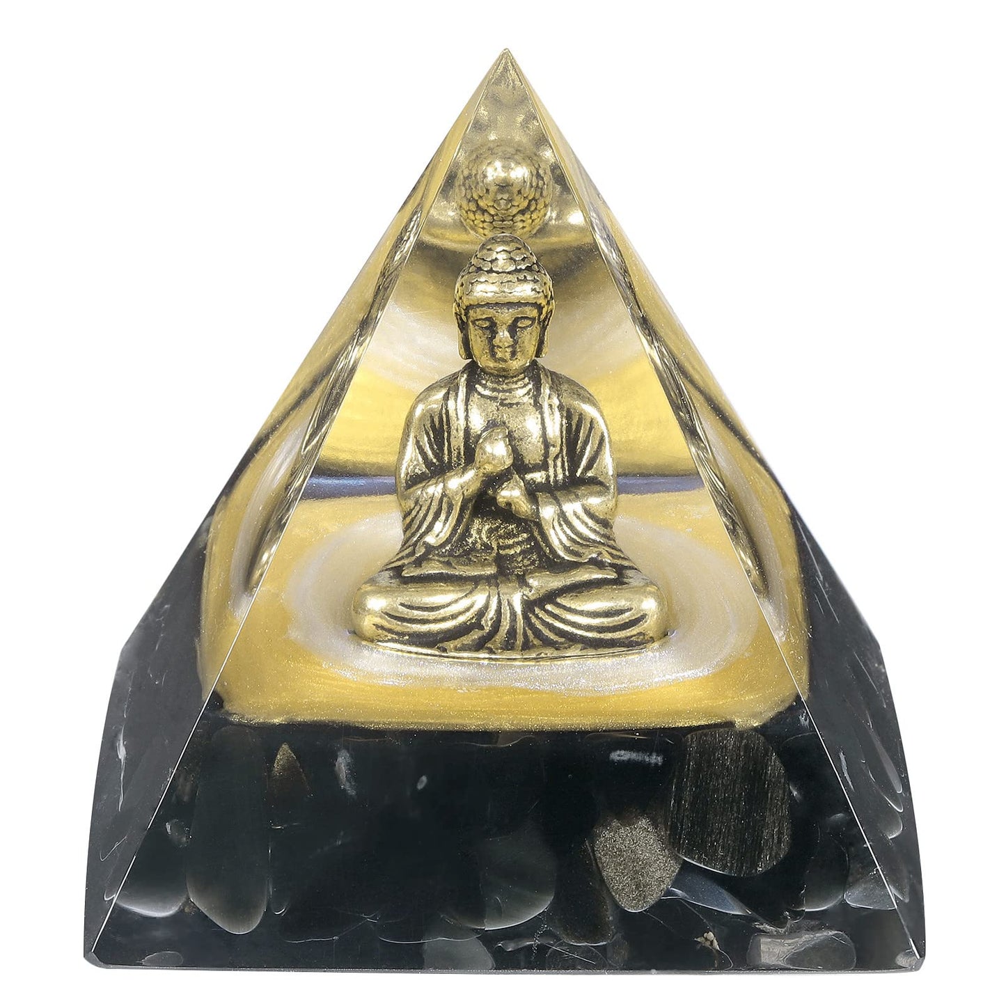 Rockcloud Buddha Statue Orgone Pyramid, Obsidian Crystal Energy Generator Orgonite Pyramid Figurine Home Office Desktop Decor for Wealth Good Luck, Black