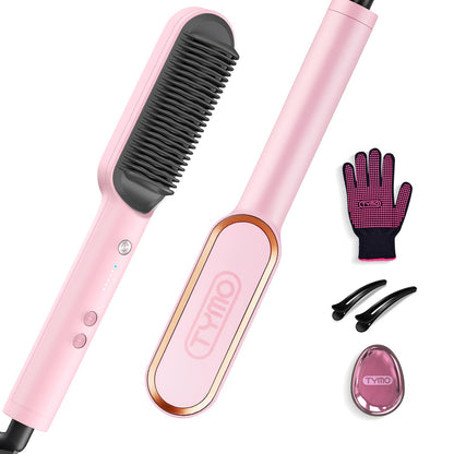 Hair Straightener Brush, TYMO Ring Hair Straightener Comb Straightening Brush for Women with 5 Temps 20s Fast Heating & Dual Voltage, Black