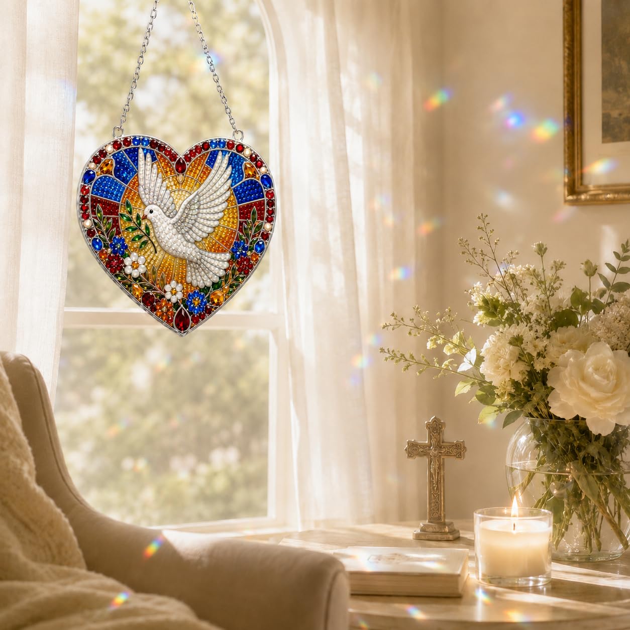 DIY Diamond Art Painting Wreath Kits，Special Shaped Rhinestone Hanging Ornament Diamond Art Window Pendants for Gift Home Garden Wall Hanging Kits,Double Sided (Dove)