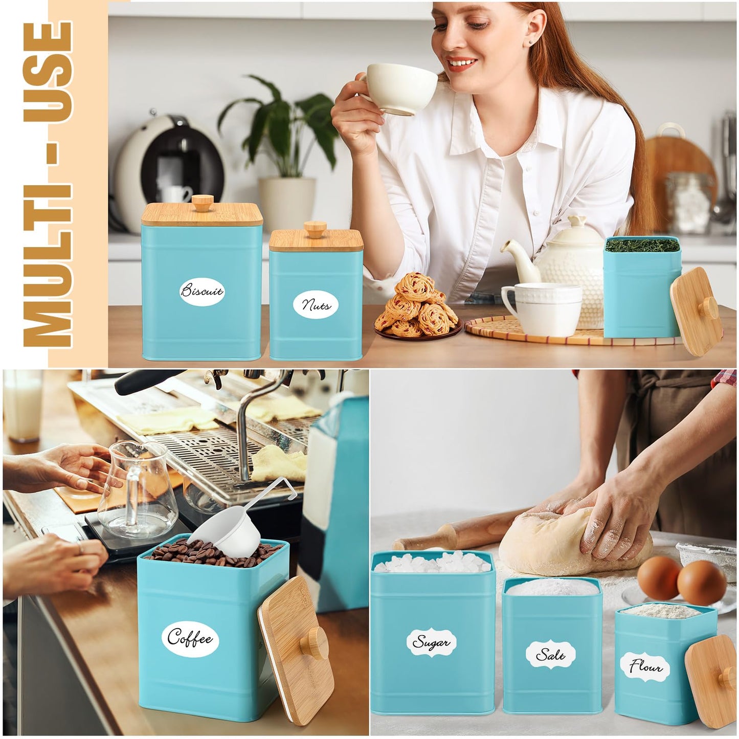 Tioncy Kitchen Canisters for Countertop Set of 3 Metal Canisters Sets with Bamboo Lids Spoon Airtight High Capacity Coffee Tea Sugar Flour Jars with DIY Labels Farmhouse Food Storage(Turquoise,L,M,S)