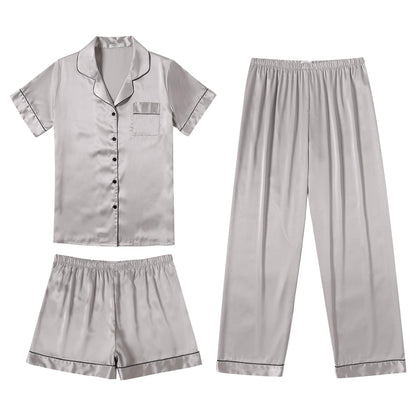 Ekouaer Silk Pajamas for Women Set Satin Pjs Soft Short Sleeve Button Down Sleepwear 3 Piece Loungewear S-XXL