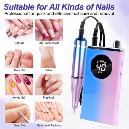 Electric Nail Drill File Professional 40000 RPM, Melodly Rechargeable Electric Nail File Machine Kit for Acrylic Gel Nails Polishing Removing, Portable Cordless Efile with Gold Bits Kit at Salon Home