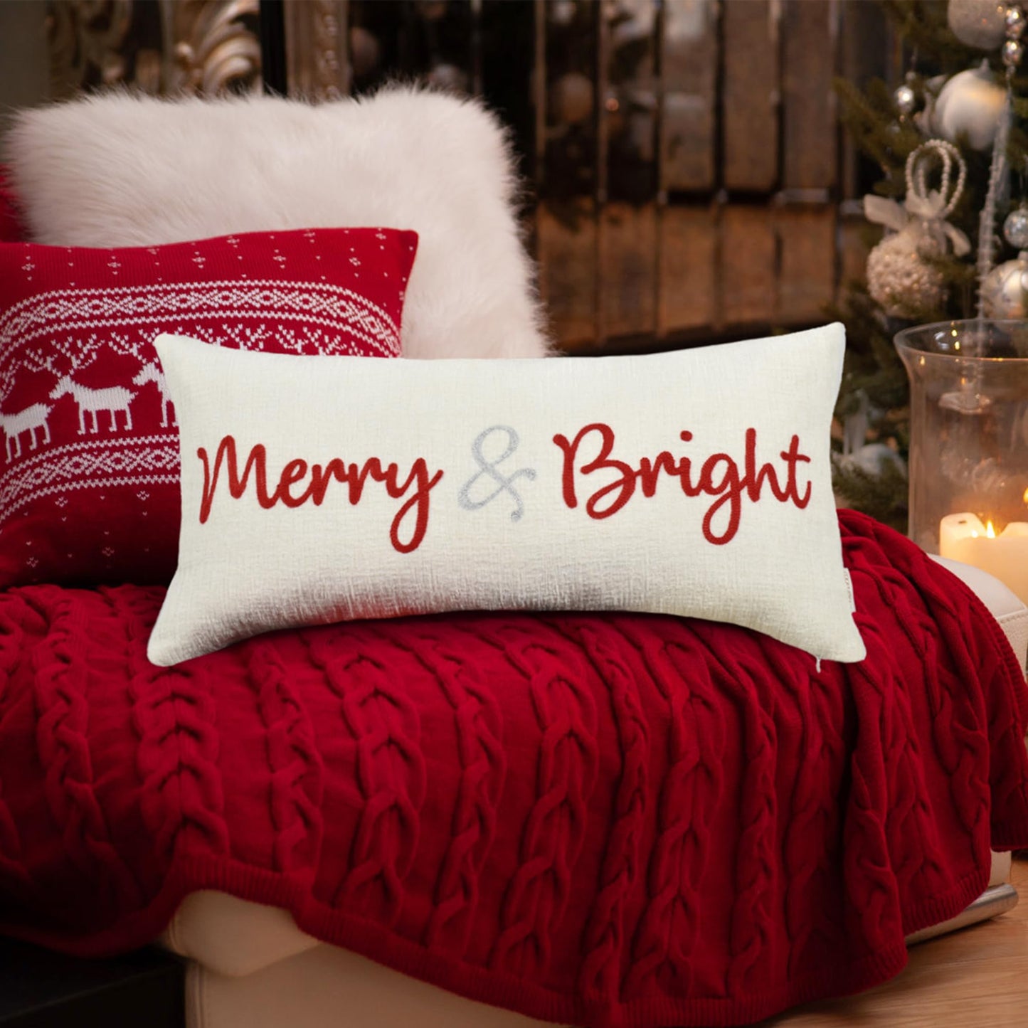 LOOPUINHOM Nice Merry and Bright Christmas Decor Cotton Burlap Decorative Rectangle Throw Lumbar Waist Pillow Case Cushion Cover for Couch Living Room 12X24 inches