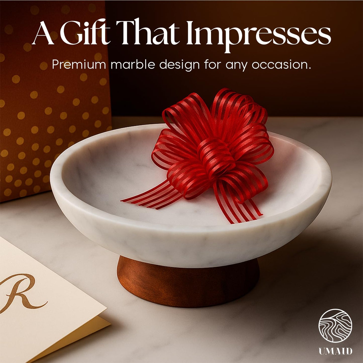 UMAID White Marble Decorative Bowl with Wood Pedestal – 10" Handcrafted Marble Centerpiece, Fruit Bowl, Coffee Table Decor & Entryway Catch All – Elegant Fathers Day Gift for Dad