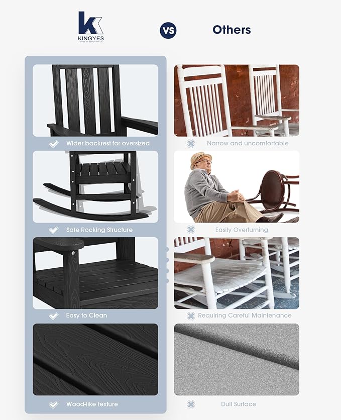 KINGYES Oversized Outdoor Rocking Chair, All-Weather Patio Rocking Chairs for Porch, HDPE Outdoor Patio Rockers with High Back & Wide Seat for Garden, Lawn, Black