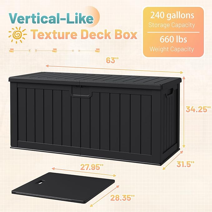 Patiowell 240 Gallon Large Outdoor Storage Box, Waterproof Deck Box with Fixed Divider, Lockable and Durable Patio Storage Solution for Patio Furniture and Garden Tools (Black)