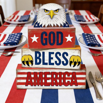 4th of July Table Decorations Patriotic Memorial Day Tiered Tray Decor Wooden Eagle Block Signs Independence Farmhouse 250th July Fouth Centerpiece for Tables Wooden Sign for Home Decor