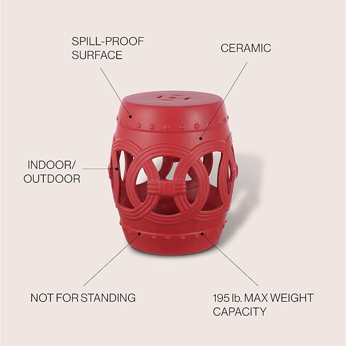 JONATHAN Y TBL1022C Lucky Coins 16" Chinese Ceramic Drum Indoor/Outdoor Garden Stool Bohemian, Coastal, Cottage, French Country, Traditional, for Living Room, Garden Room, Patio, Matte Red