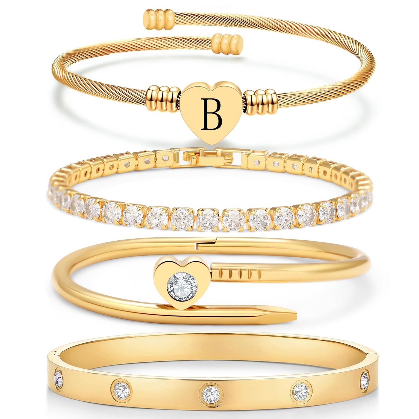 MEIERYA18K Gold Plated Nail love Bangle Bracelet Set for Women,Cubic Zirconia,Adjustable tennis bracelet Trendy Gift Jewelry for Mother's Day Anniversary (02-Style-B)