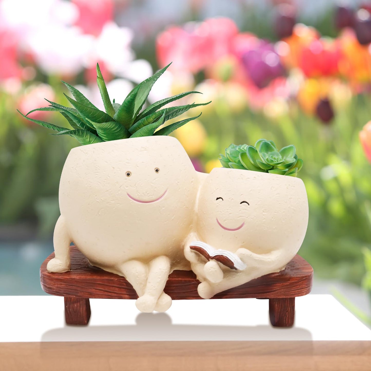 LAUGOKOBE Smily Face Planter Pot for Plants, Cute Double Head Planters for Indoor Outdoor Plants, Modern Lady Head Vase Girl Face Planter, Unique Succulent Pots with Drainage Hole (Khaki)