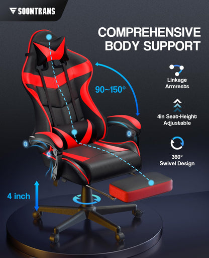 Soontrans Red Gaming Chairs with Footrest,Racing Gaming Chair,Computer Gamer Chair,Ergonomic Game Chair with Adjustable Headrest and Lumbar Support