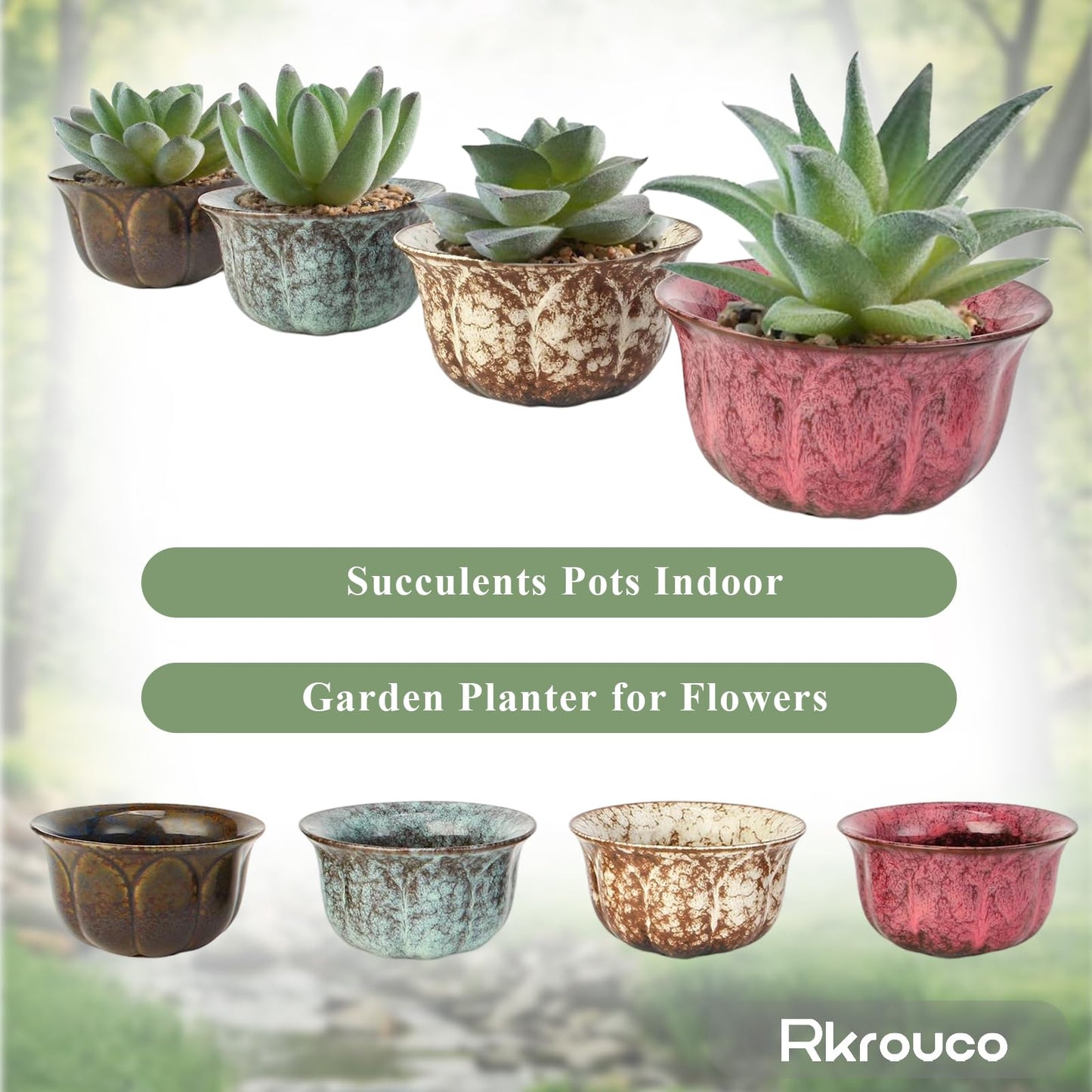 Rkrouco Ceramic Plants Pots 3 Inch Set of 4 Flower Pots with Drainage and Bamboo Tray for Indoor/Outdoor Small House Plants,Foliage Plant
