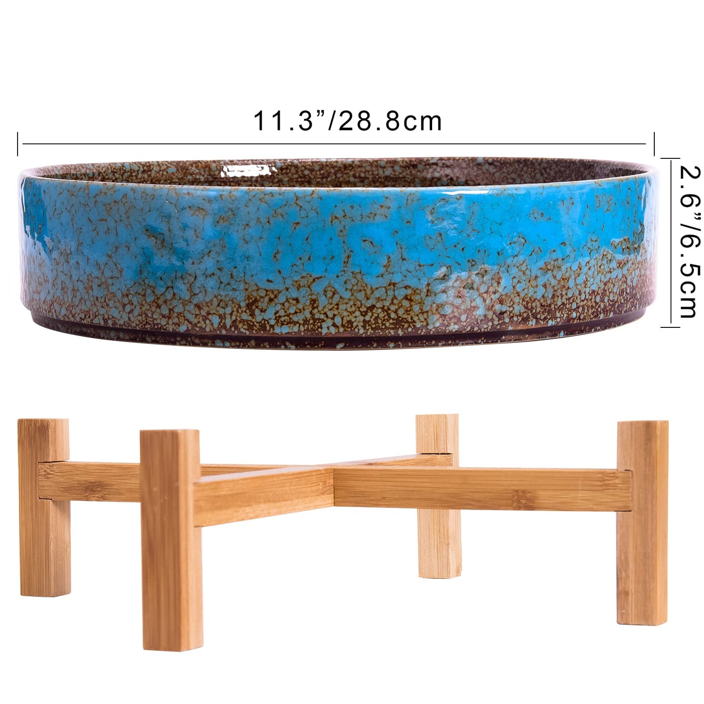 ARTKETTY Succulent Pots, 11 Inch Large Succulent Planters Pots with Drainage Ceramic Bonsai Pots with Bamboo Stand, Shallow Planters for Indoor/Outdoor Plants Modern Cactus Flower Plant Bowl (Blue)