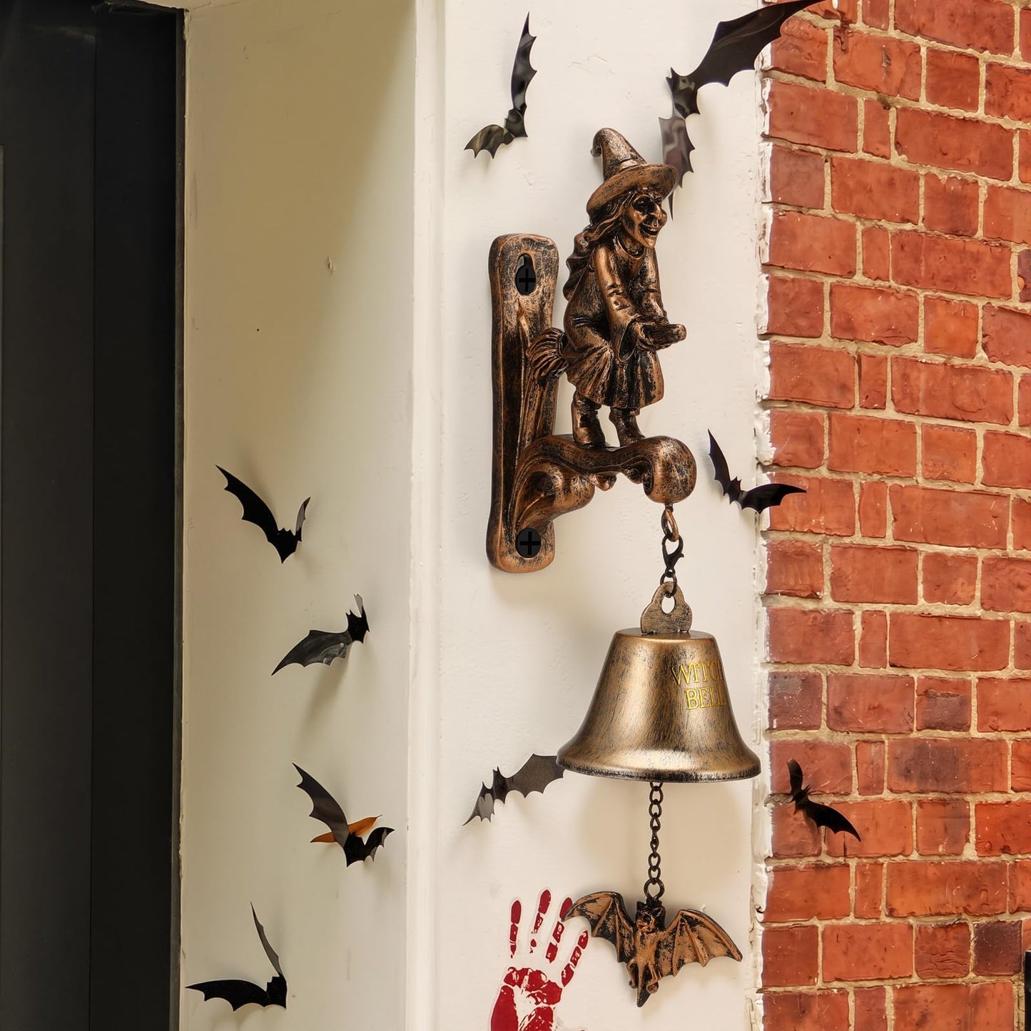 BrightRow Halloween Witch Bell Wall Mounted Cast Iron Resin Gothic Doorbells with Bat Clapper 3D Iron Witch Bells for Home Protection Witchcraft Supplies Door Bell Decoration for Porch Garde