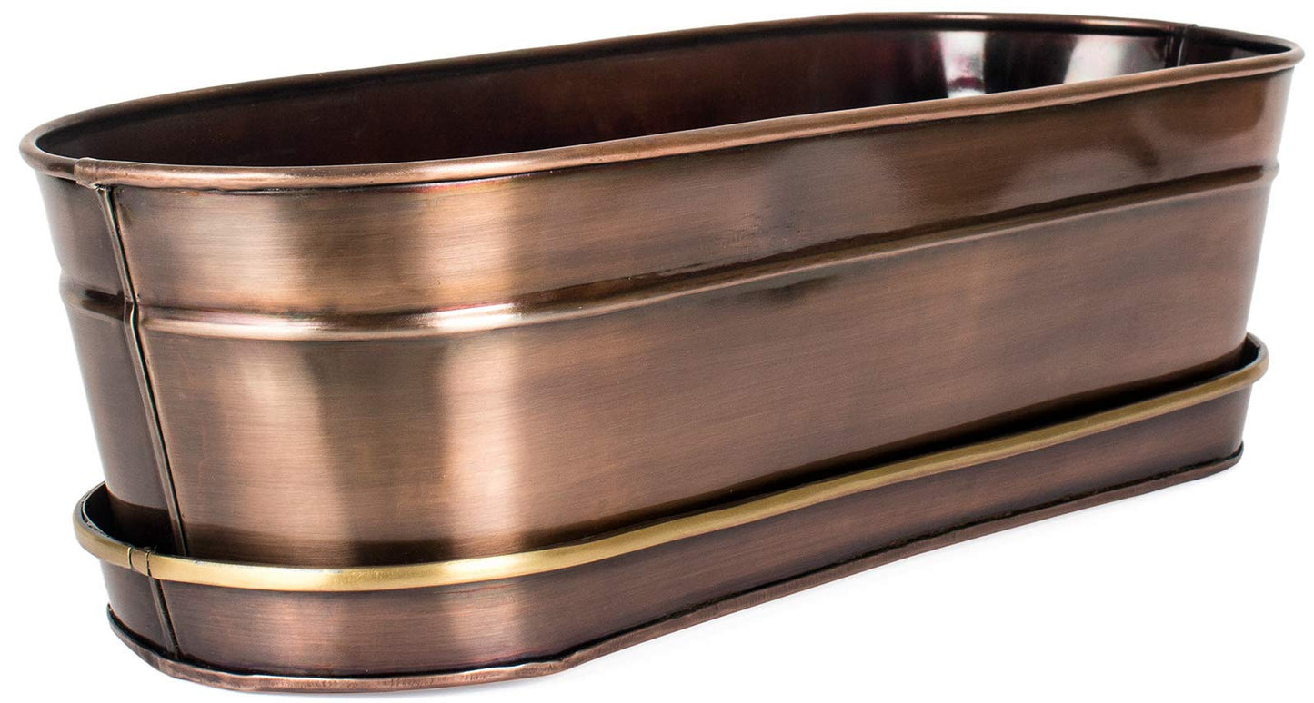 H Potter Herb Succulent Planter Antique Copper Finish and Brass Accents Indoor Centerpiece Outdoor Garden Pot Plant Box Holder with Tray for Succulents Flowers