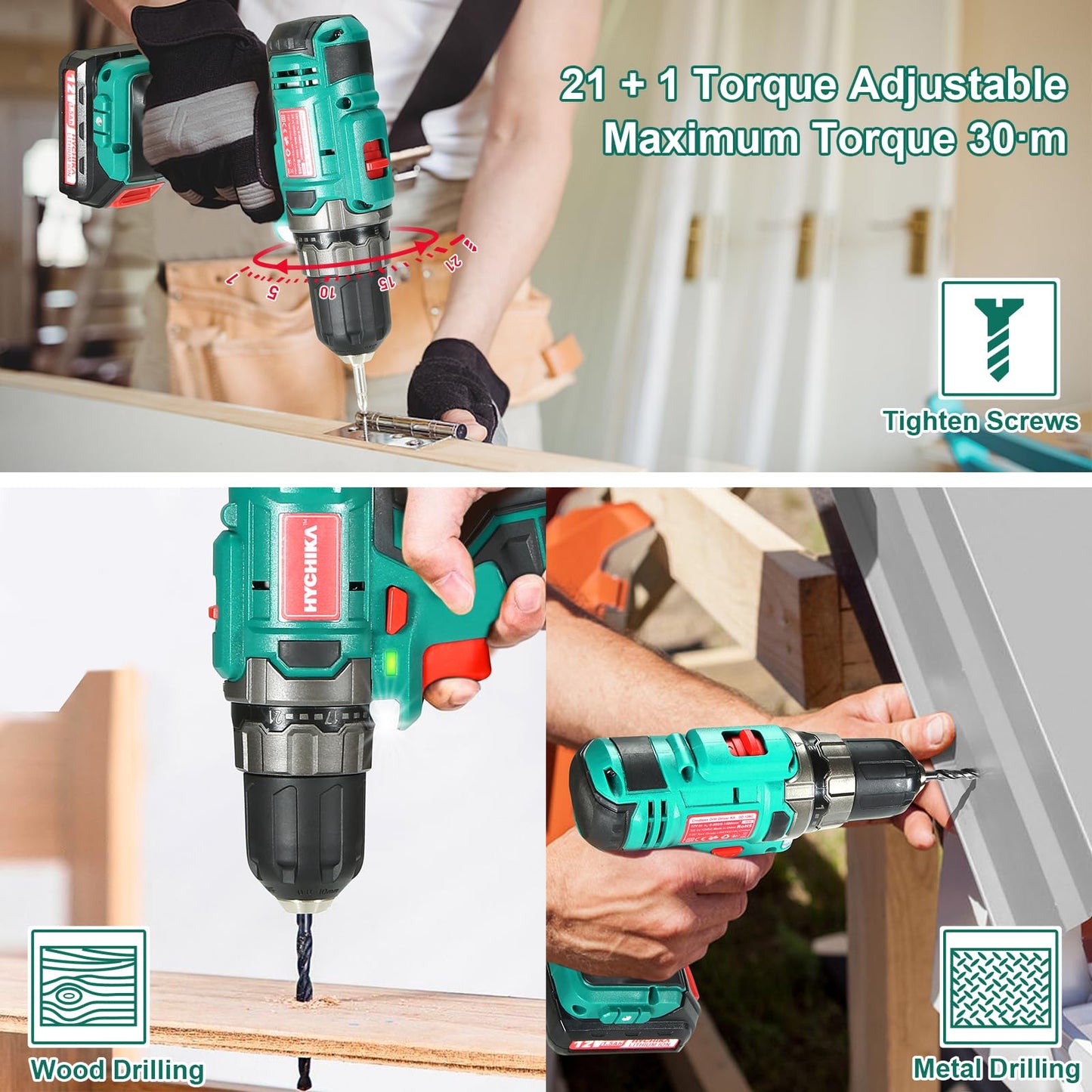HYCHIKA Cordless Drill Driver 12V, Electric Screwdriver 30N·m, 21+1 Torque Electric Drill, 2-Variable Speed LED Work Light, 1500mAh Li-Ion Battery 25Pcs Accessories for Home and Garden DIY Project