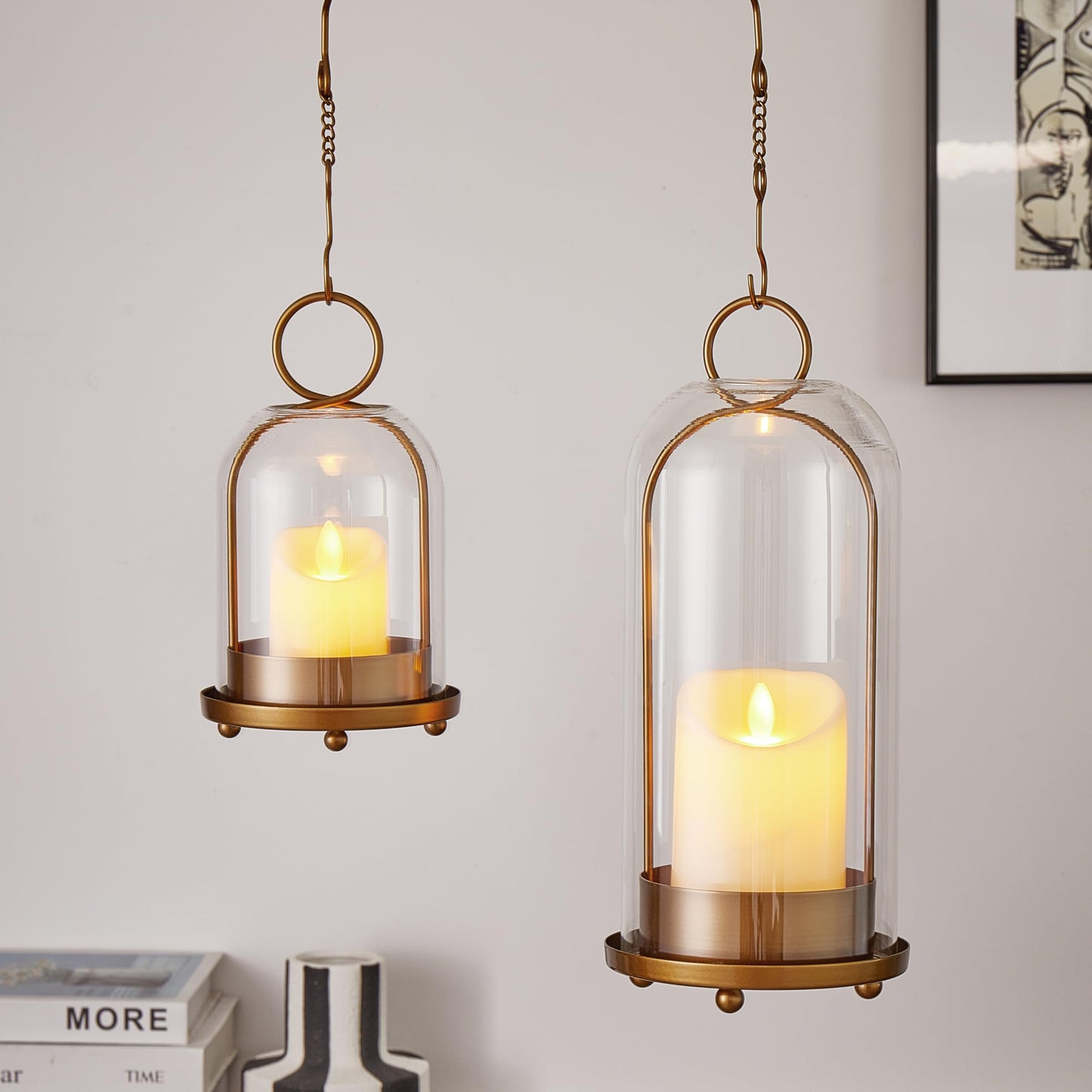 BUZFOWU Candle Holder Lanterns, Handcrafted Metal & Glass with Modern Aesthetic Design, Hurricane Pillar Candlestick Holders, Table or Hanging Decorations Set of 2, 5.1" & 4.4" Diameter, Gold
