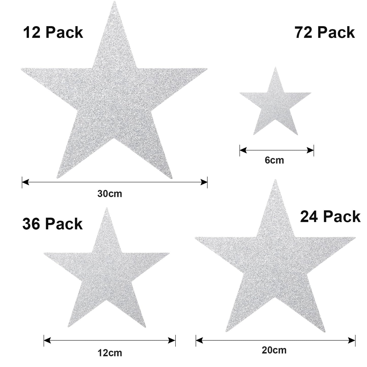 Boao 144 Pieces Silver Stars Shaped Cutouts Silver Cardboard Stars 4 Sizes 6cm/12cm/20cm/30cm Hanging Glitter Garlands with Nylon String for Wedding Birthday Party Graduation Classroom Wall Decor