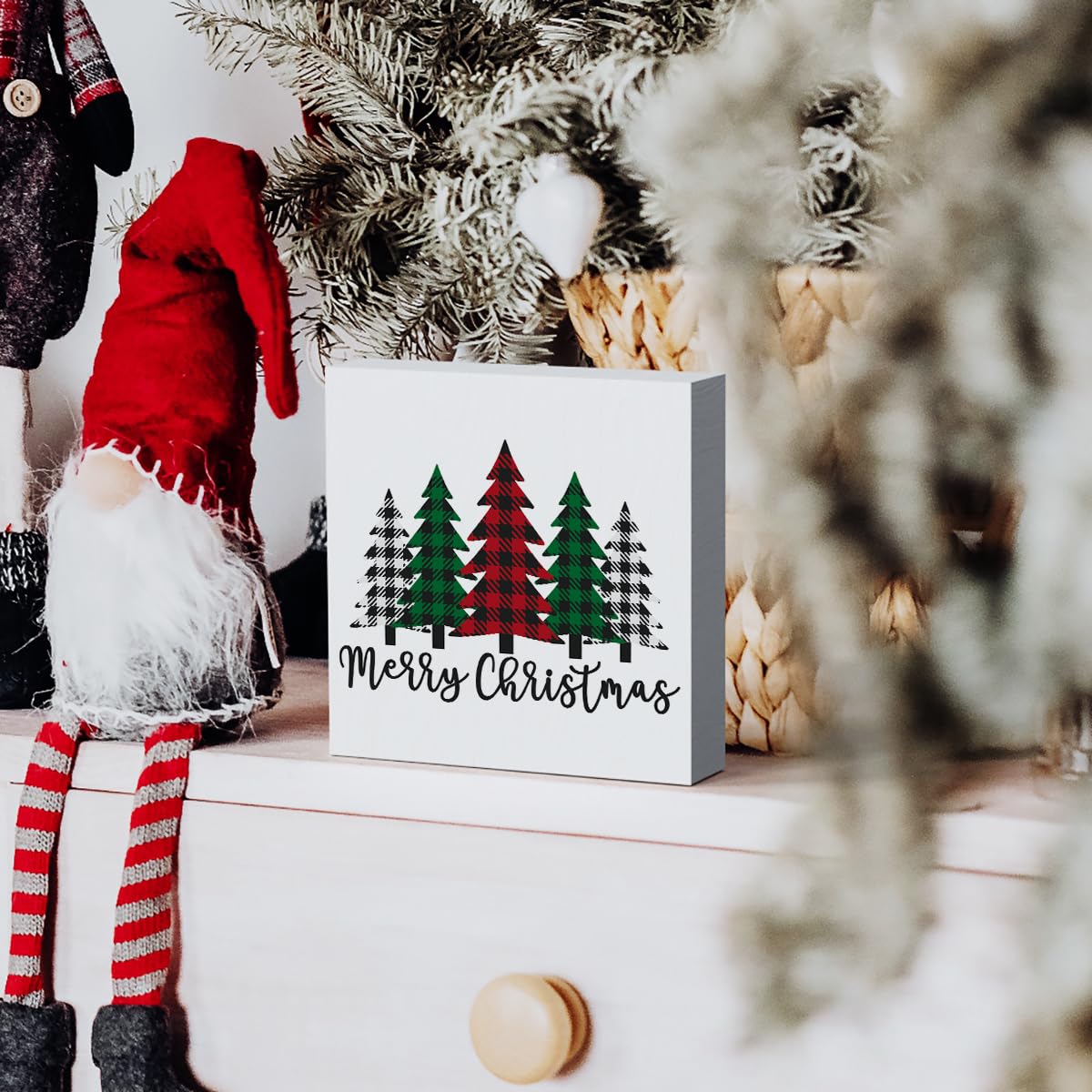 Funny Christmas Trees Wooden Box Sign Plaque Merry Christmas Wood Box Sign Rustic Art Home Shelf Desk Decor christmas tree decorations 5 x 5 x 1 Inches