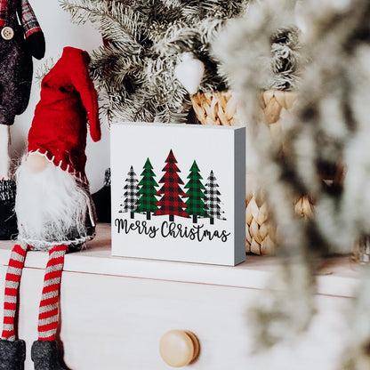 Funny Christmas Trees Wooden Box Sign Plaque Merry Christmas Wood Box Sign Rustic Art Home Shelf Desk Decor christmas tree decorations 5 x 5 x 1 Inches