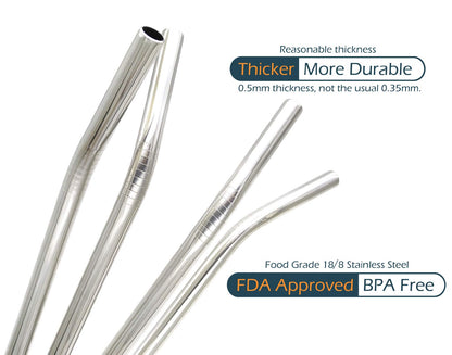 GFDesign Big Drinking Straws Reusable 12 Inches Extra Long 9mm Extra Wide SUS 304 Food-Grade 18/8 Stainless Steel - Set of 4 with 2 Cleaning Brushes - Bent