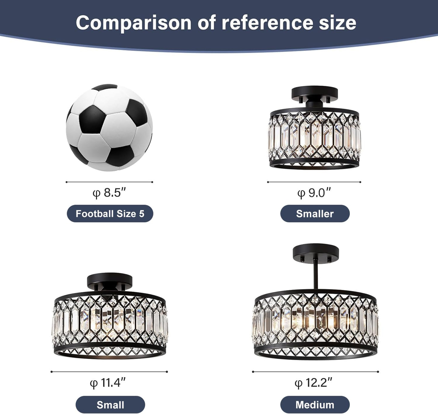Pevfah Crystal Black Ceiling Light, Modern Semi Flush Mount Ceiling Lighting Fixture, Round Hallway Lighting Fixtures for Kitchen Entryway Bedroom Laundry Room, 1-Light, 11.4 Inch