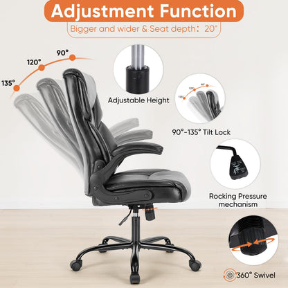 Sweetcrispy Ergonomic Computer Gaming Office Chair, Heavy Duty Task Desk Swivel Rolling Chairs with Wheels, Flip-up Arms, Adjustable Height, PU Leather, Black