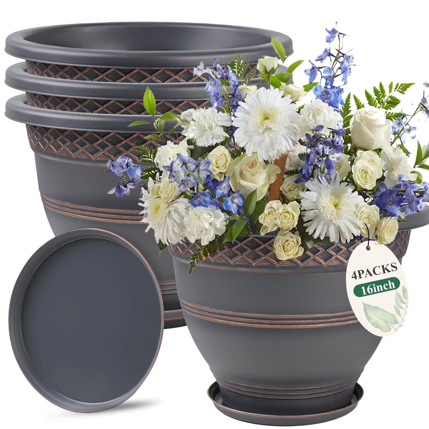 Usocik 4 Pack 16 Inch Large Plant Pots, Plastic Flower Pot for Indoor & Outdoor with Drainage Holes & Saucer, Plaid Pattern Planters Garden Pots for Herbs
