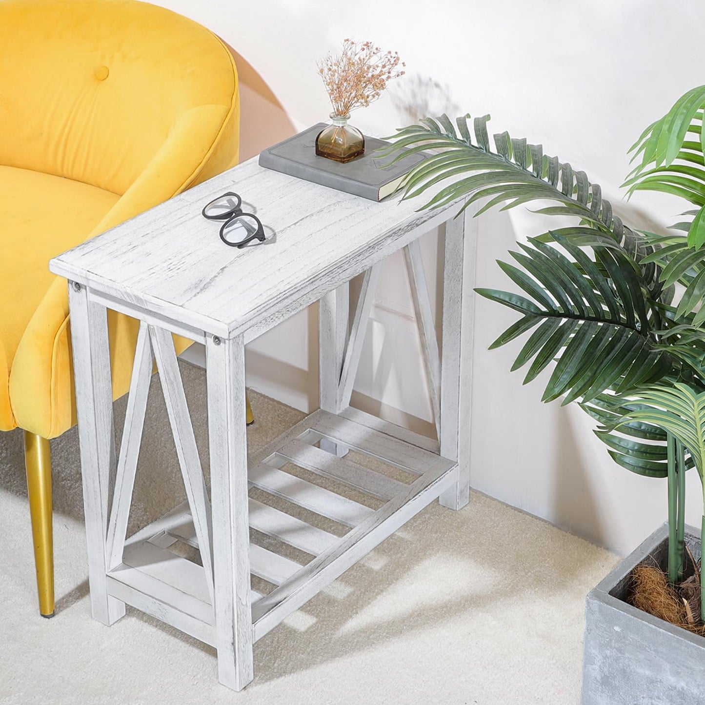 FEUFOAM Farmhouse Narrow End Table Wooden Rustic White Side Tables with Storage Shelves Narrow Sofa Table for Small Spaces Living Room Bedroom Bathroom Dorm