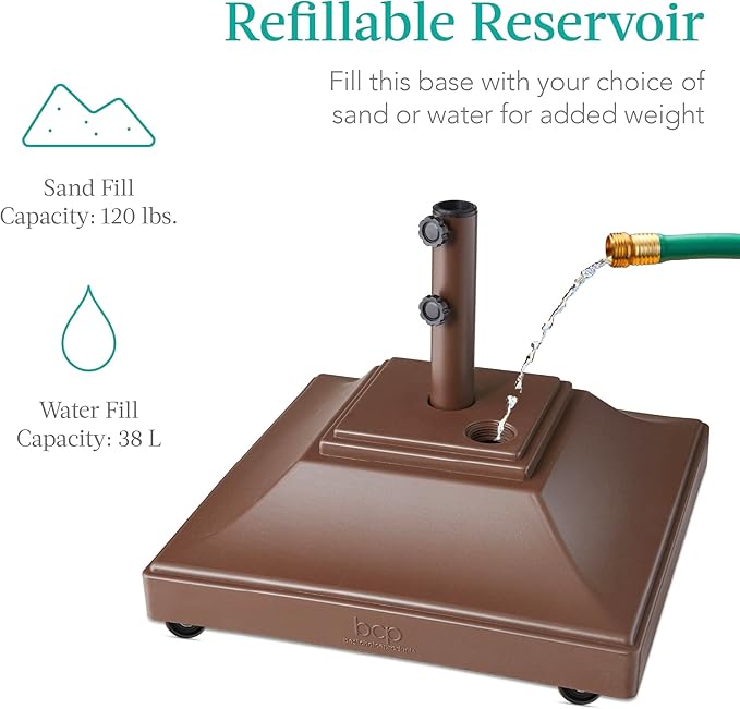 Best Choice Products Fillable Mobile Umbrella Base, Heavy Duty Base, Square Tiered Market Stand for Patio, Deck, Outdoor w/ 4 Wheels, 2 Locks, 2 Knobs, 120lb Capacity - Brown