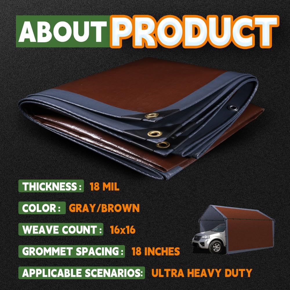 RAINDEWAY 20x30 Feet Super Heavy Duty Tarp 18 Mil, UV Resistant, Weatherproof, Multipurpose Waterproof Poly Tarp with Grommets and Reinforced Edges, Brown/Gray Tarps