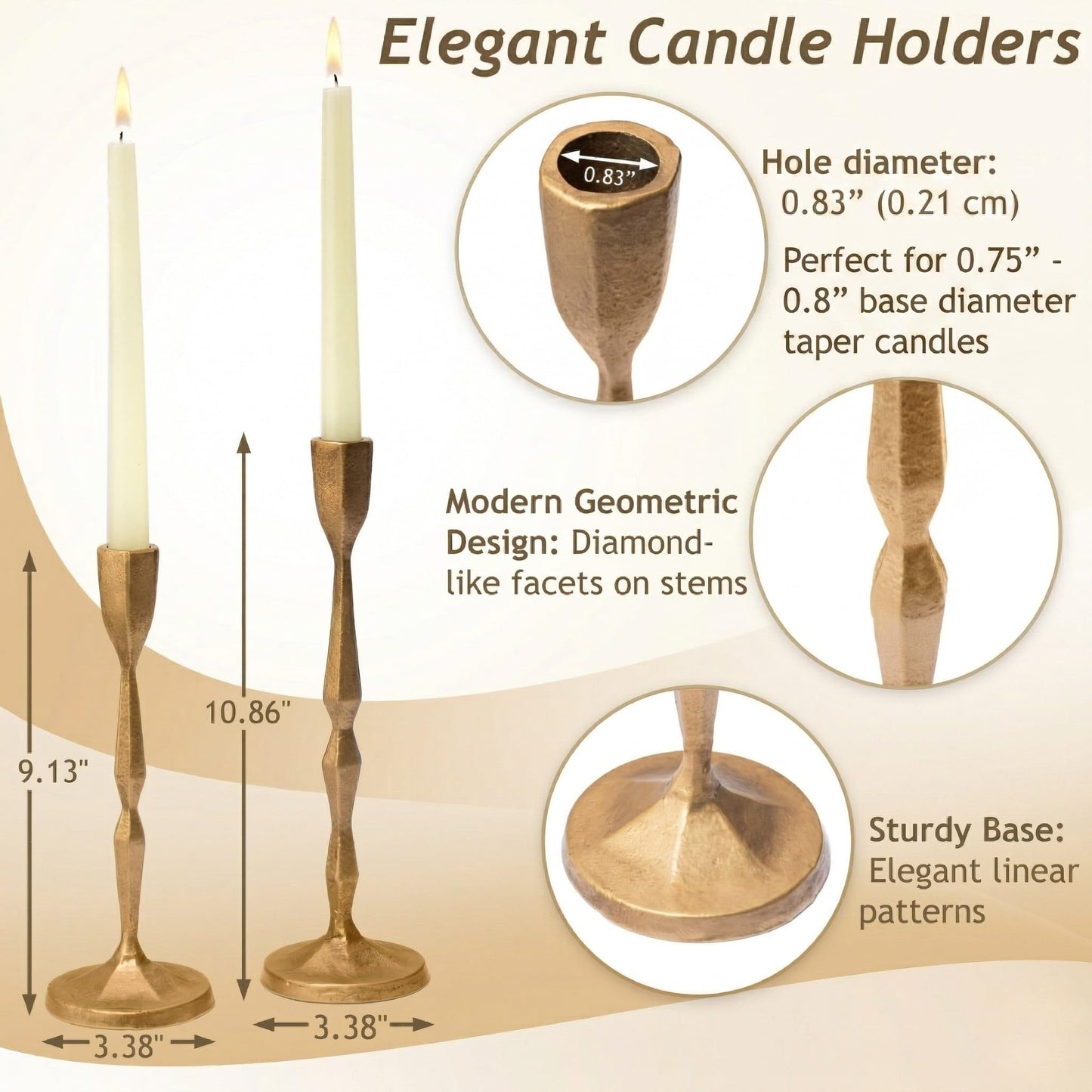 Antique Gold Candlestick Holders - Heavy Duty Cast Iron Candle Stick Holder Set of 2 - Unique Taper Candle Holder for Entryway, Table Decor or Housewarming Gift