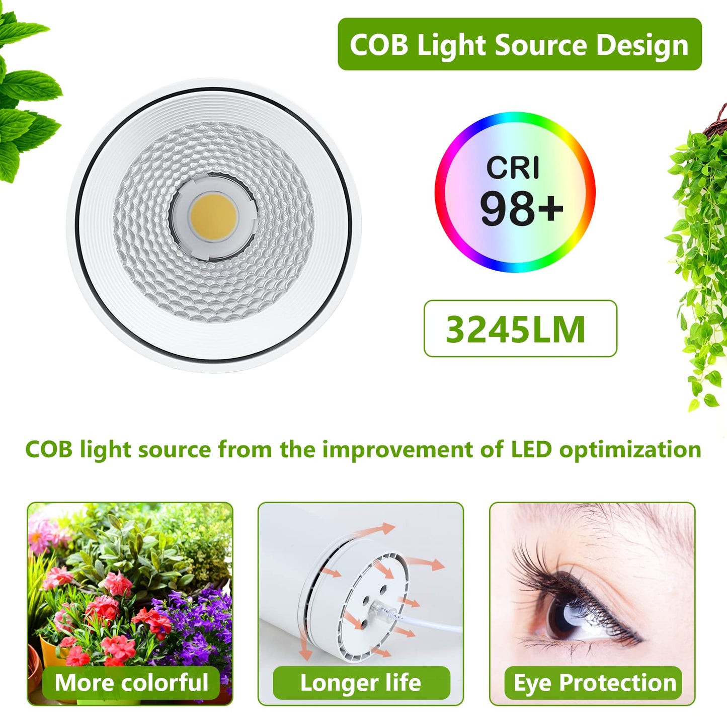 HMVPL Hanging Grow Light, Plant Lights Full Spectrum with 4000K 40W COB Bulb, Pulleys and Smart Timer, Indoor Grow Lamp for Tall Tree Hydroponics
