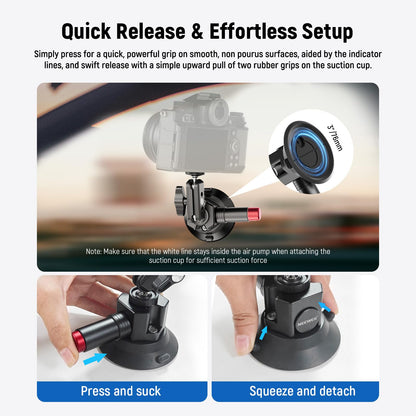 Neewer 3" Suction Cup Camera Mount Bracket with Ball Head Magic Arm, 1/4" ARRI Holes, Quick Release Car Mount with Phone Holder & Action Cam Adapter Compatible with iPhone DJI Insta360, CA104