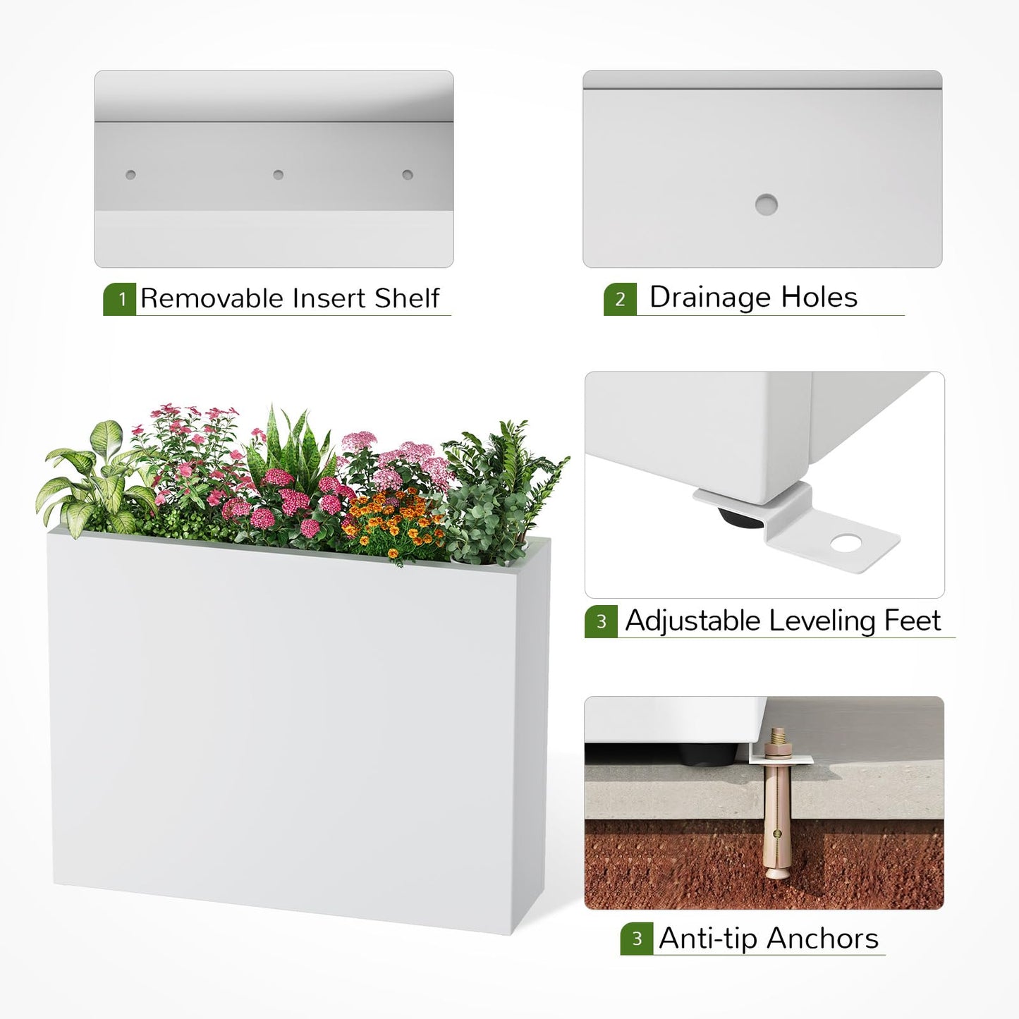 Stoog 38" Large Planters for Outdoor Plants, All-Weather Rectangular Metal Planter Box with Removable Insert Shelf, and Modern Design – Ideal for Plants, Flowers, Vegetables, Garden, White