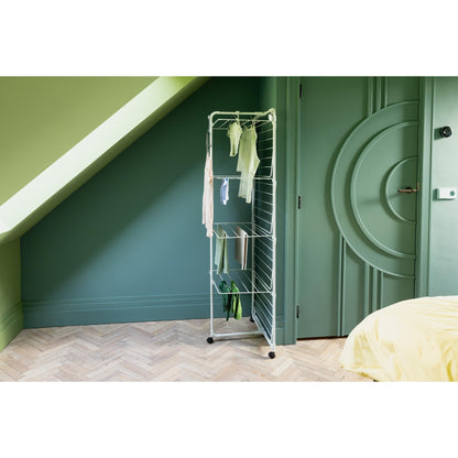 Brabantia HangOn Tower Clothes Drying Rack with Wheels | 98ft (30m) | White | Tall 3-Tier Indoor Clothes Airer with Adjustable Shelves for Towels, Folds Flat to Save Space | Fits 3 Full Loads
