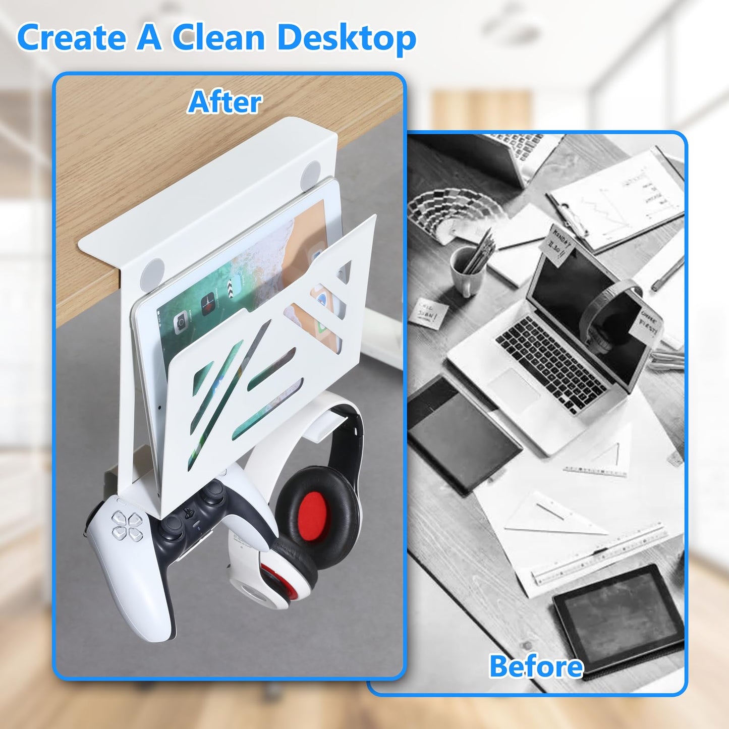 MAXECHO Desk Side Storage, Under Desk Laptop Mount, Table Side Hanging File Organizer, No Drill Clamp On Cable Management Tray, Laptop Holder with Magnetic Pen Holder for Office and Home, Load 22 Lbs