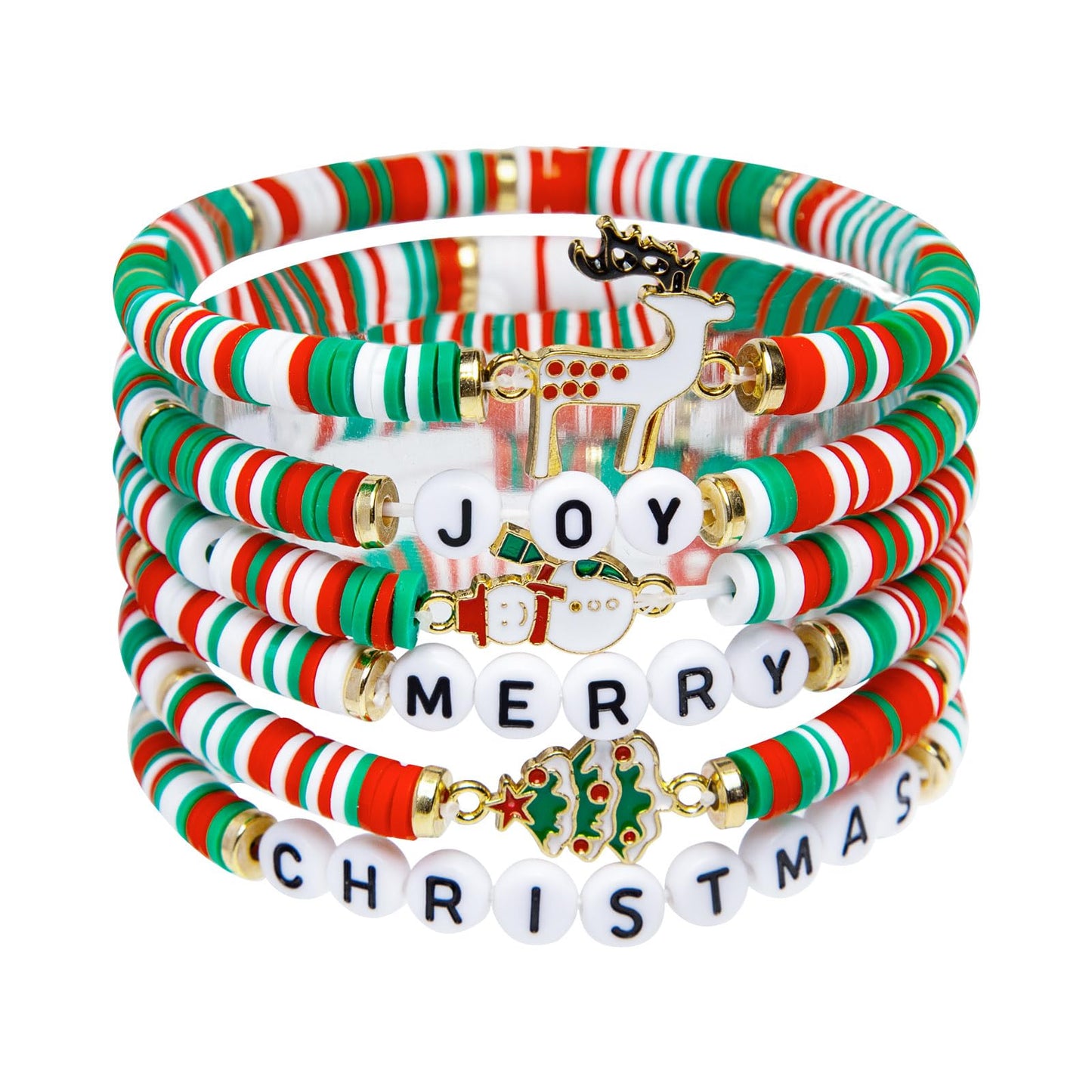 Artlunar 6 Pack Christmas Bracelets: Joy & Merry Candy-Style Stacks for Women & Teens - Perfect Christmas Gifts - Age 3 to Adult