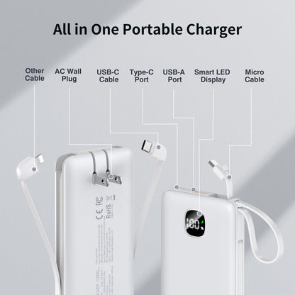 Portable Charger with Built-in Cables&AC Wall Plug,Slim 10000mAh 22.5W Fast Charging Power Bank,5 Output 2 Input USB-C External Battery Pack Compatible with iPhones,Samsung,Android, etc